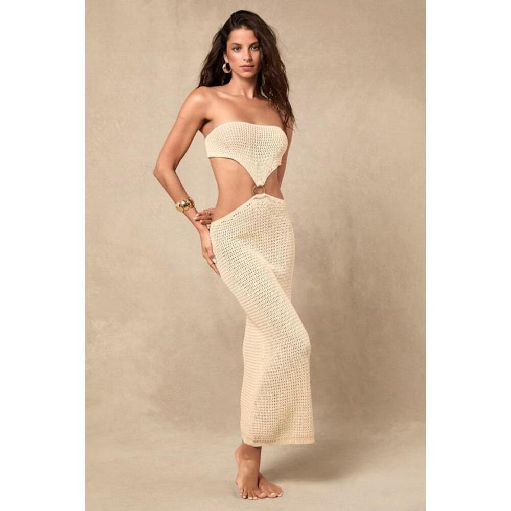 Lulus Nevrah Beige Crochet Strapless O-ring Swim Cover-up Dress - Size L